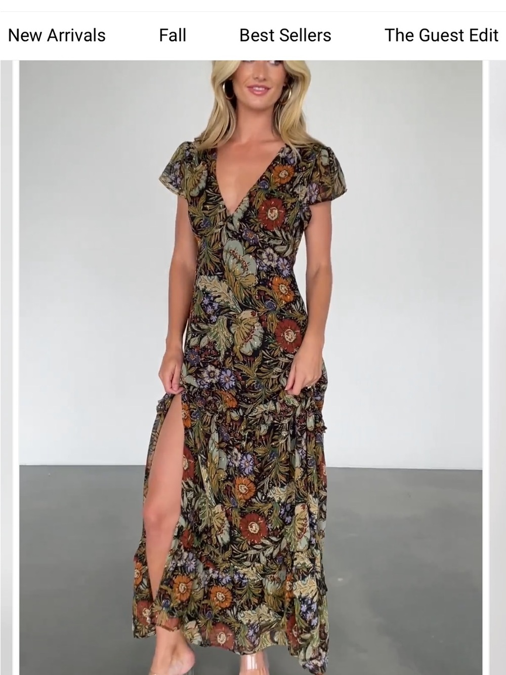 12th Tribe Olive Floral V-Neck Maxi Dress with Side Slit